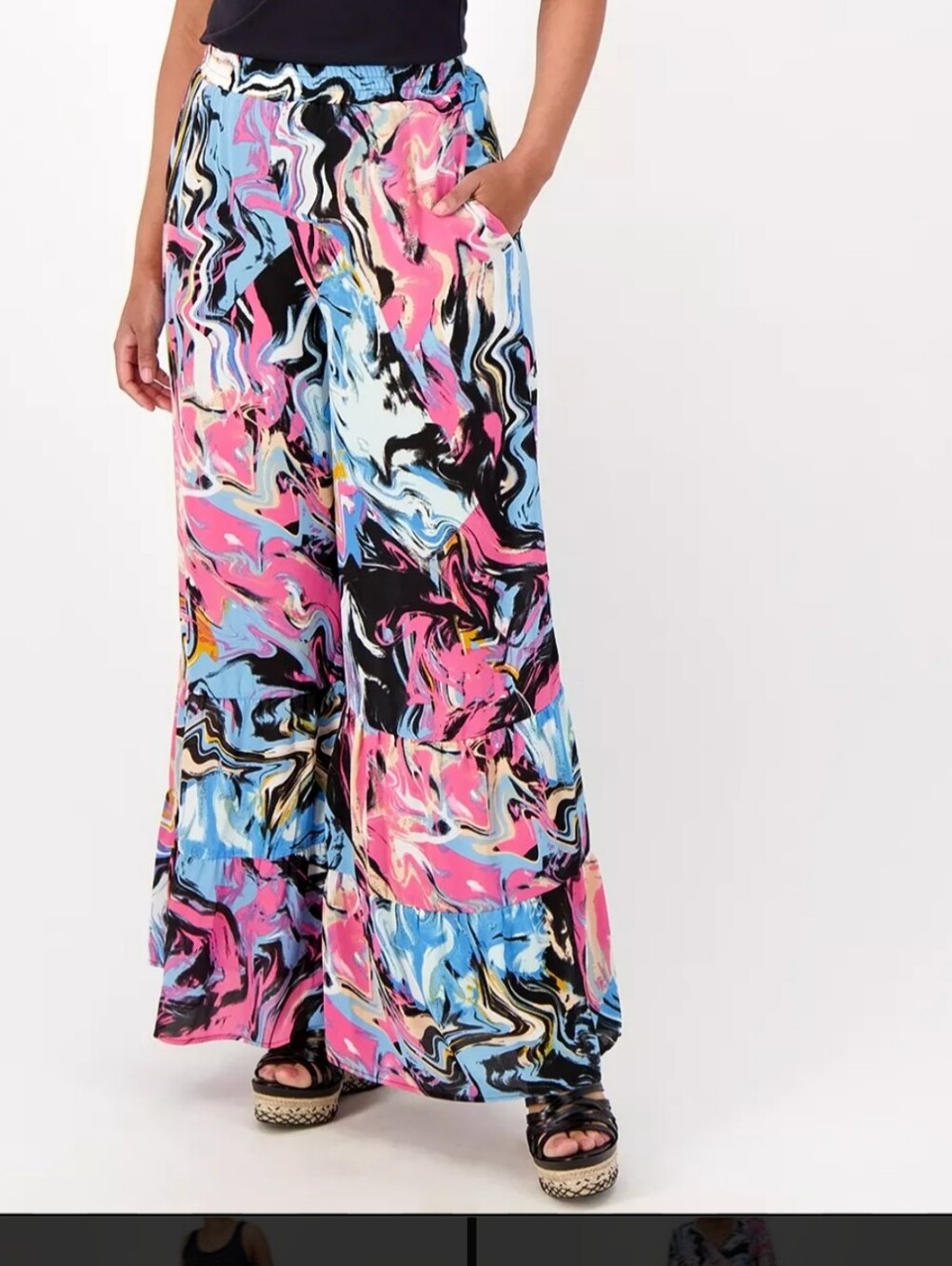 NWT.Vibrant Marble-Print Wide Leg Pants - Pink & Blue